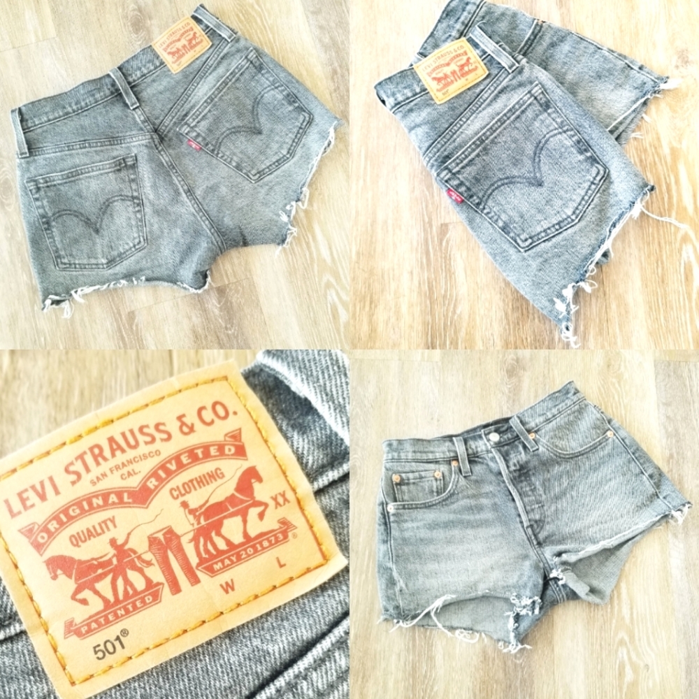 Levi's 505 Denim Jean Cutoff Shorts 10" Rise Black Wash Distressed Frayed - Picture 1 of 13